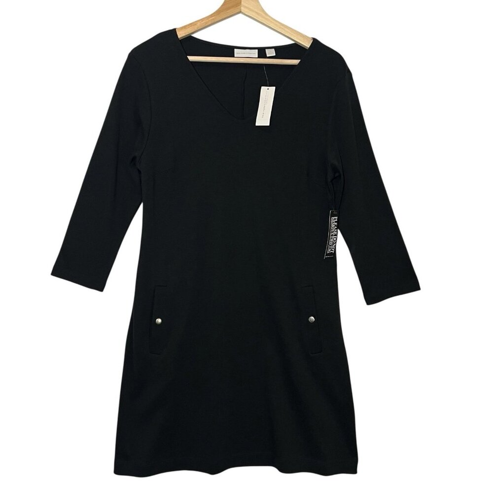 New York & Company Knee Dress Medium Size Black Stretch V Neck Cotton Pockets